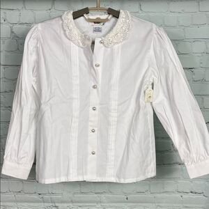 Vintage Eagle’s Eye Kids White Button-Up Cotton Blouse w/ Lace Collar NWT Size S
